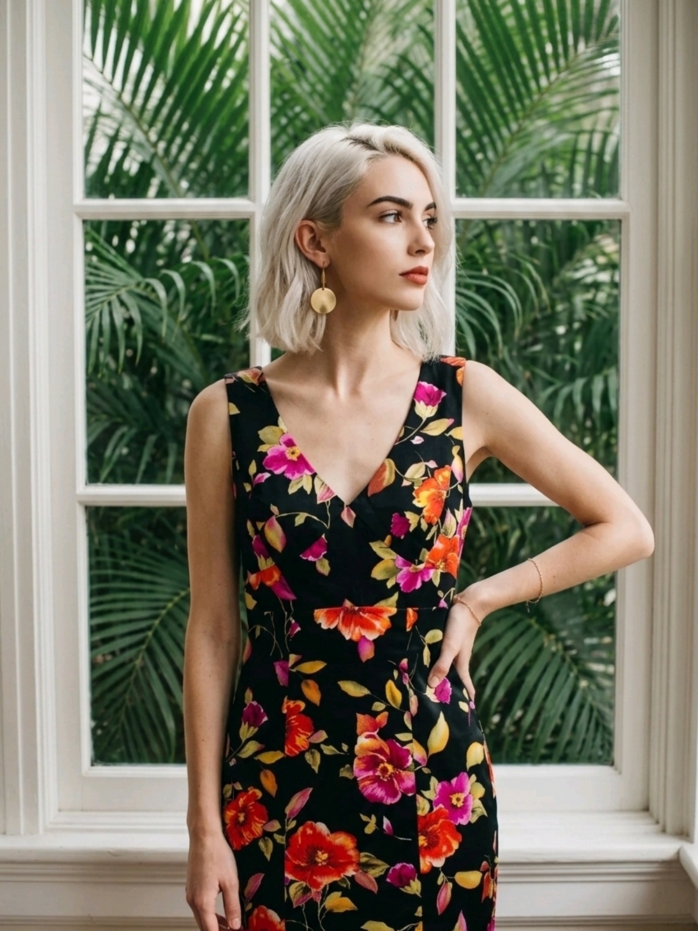 Evan Picone Black Floral V-Neck Sheath Dress  Size 12  Cocktail Career Dress